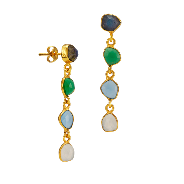 Ohrring aus Messing, vergoldet, Labradorit, grün/blau/weiß Onyx